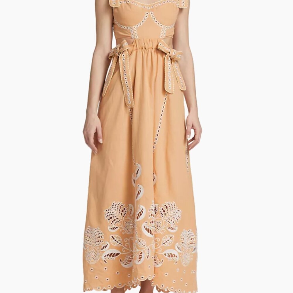 FARM Rio Peach Eyelet Midi Dress with White Embroidery - Picture 3 of 6